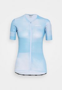 Ljusblå cykeltröja med kort ärm och dragkedja fram, tillverkad av ett slätt, andningsbart material, med ett diskret molnmönster och logotyp på bröstet.