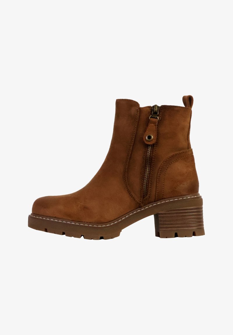 Brown suede ankle boot with a side zipper and a block heel. Features a rounded toe and textured rubber outsole.