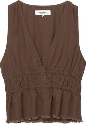 Brown sleeveless top with a V-neck, gathered waist, and ruffled hem. Made from lightweight fabric with a soft texture and frayed edges.