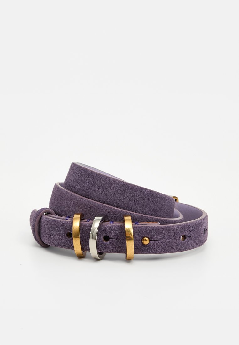 Purple suede belt with a textured finish, featuring gold and silver metal accents and multiple holes for adjustment.