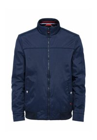 Granatowa kurtka zapinana z przodu na zamek, wykonana z gładkiego materiału. Posiada wysoki kołnierz, ściągacze przy mankietach, boczne kieszenie i subtelne akcenty z logo.