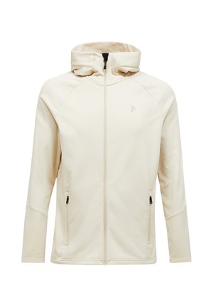 Cream zip-up hoodie with a high collar, raglan sleeves, and two side pockets. Features subtle branding on the chest and a smooth texture.