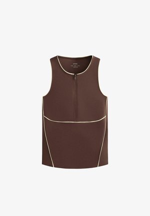 Bruine mouwloze top met een rits aan de voorkant, contrasterende crèmekleurige bies en een getailleerd ontwerp; gemaakt van glad, rekbaar stof.