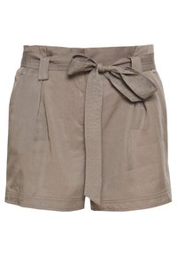 Bruine katoenen shorts met een paperbag taille, voorzien van een ceintuur, plooien aan de voorkant en twee zijzakken. Soepele textuur.