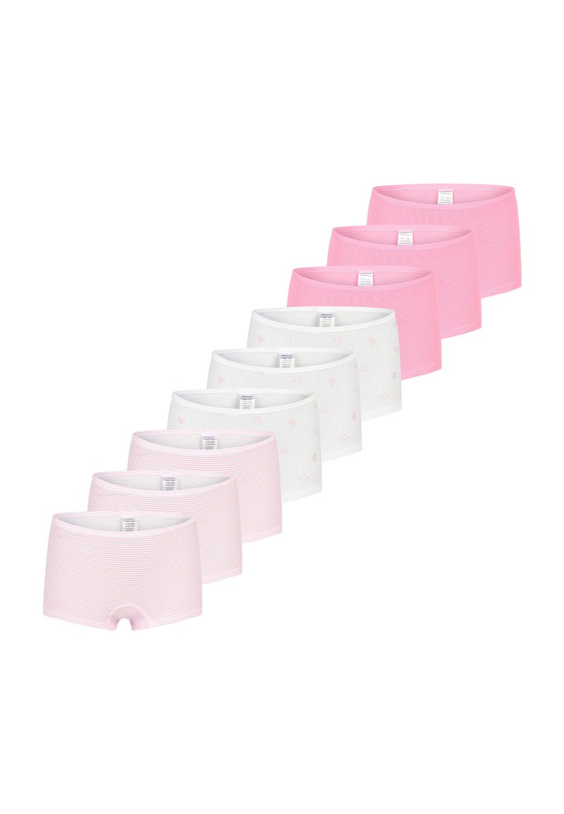 Neuf paires de culottes en coton à coupe boyshorts, en rose et blanc, présentant des couleurs unies et des motifs subtils, avec une ceinture élastique et une coupe mi-cuisse.
