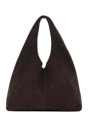Sac à bandoulière triangulaire marron foncé doux avec une poignée large unique en haut et une texture de surface lisse.