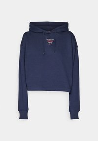 Felpa corta blu navy in morbido tessuto, con logo frontale in testo rosso e bianco, con cappuccio regolabile e maniche lunghe.