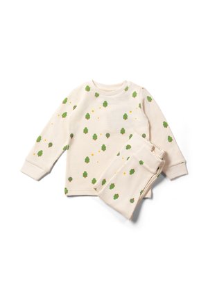 Two-piece pajama set in cream with a textured pattern, featuring green trees and yellow dots, long sleeves, and cuffed pants.