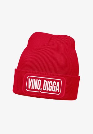 Red knit beanie with a turn-up cuff, featuring a bold white rectangular patch that reads "VINO, DIGGA" in capital letters.