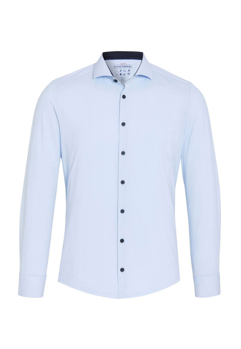 Lichtblauw lange mouw shirt met een puntige kraag, zwarte knopen en een soepele textuur. De mouwen zijn met één knoop vastgemaakt.