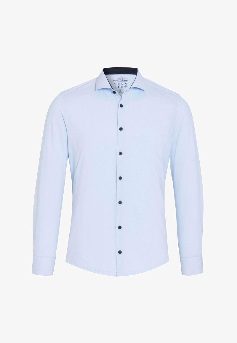 Lichtblauw lange mouw shirt met een puntige kraag, zwarte knopen en een soepele textuur. De mouwen zijn met één knoop vastgemaakt.