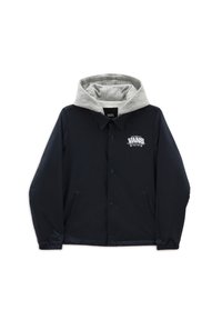 Marineblaue Jacke aus wasserabweisendem Material mit grauem Kapuzenfutter, Brustlogo, Druckknöpfen und Seitentaschen.