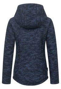 Navy blue hooded jacket made of textured fabric, featuring a relaxed fit and rounded hem. Back view displays smooth, even surface.