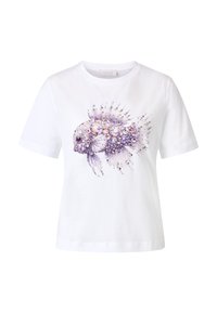 Tricou alb din bumbac, cu un design în formă de pește violet realizat din pietre prețioase și detalii intricate, cu mâneci scurte și decolteu rotund.