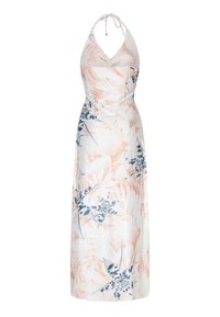 Maxi haljina od lagane tkanine s cvjetnim uzorkom u breskvastim, svijetloplavim i bijelim tonovima. Ima halter izrez i prilagođeni kroj.