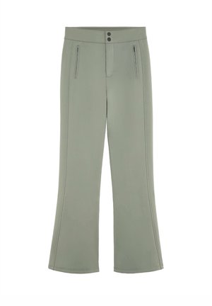 Green flared pants made of soft fabric, featuring a smooth texture, front zip pockets, and two decorative buttons at the waistband.
