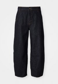 Dark blue denim pants with a straight cut, featuring five pockets, a button closure, and contrasting orange stitching along the seams.