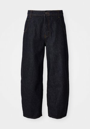 Dark blue denim pants with a straight cut, featuring five pockets, a button closure, and contrasting orange stitching along the seams.