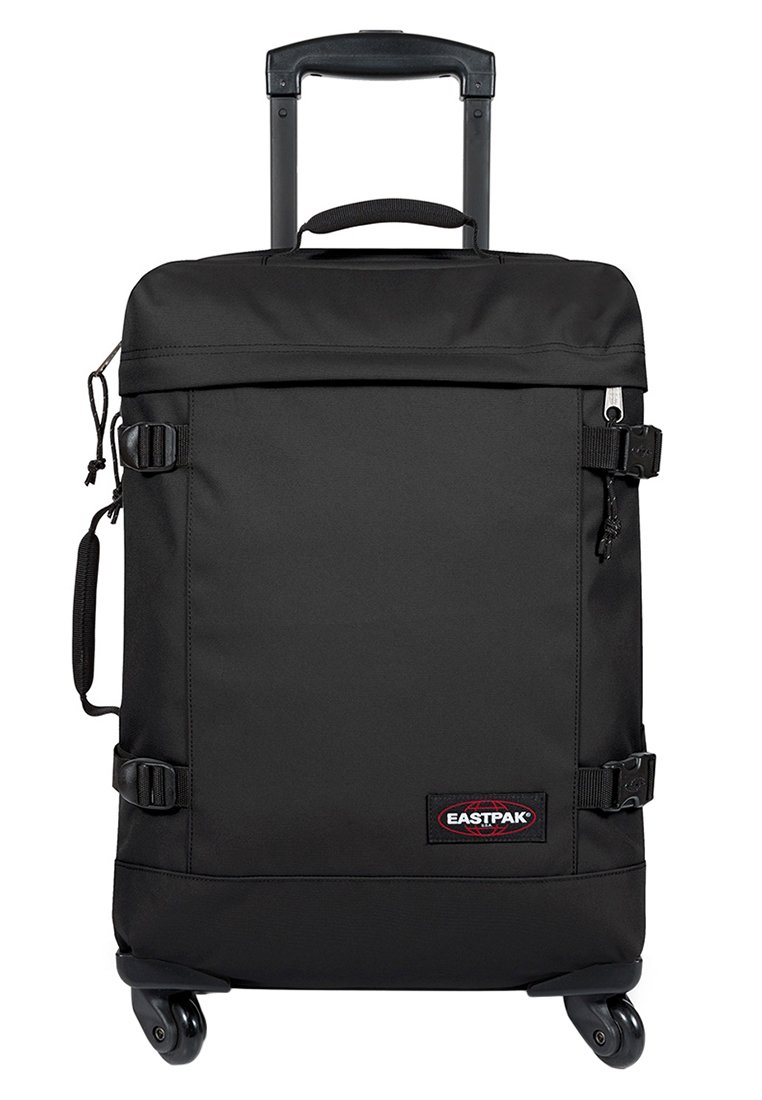 Black wheeled suitcase with retractable handle, made of durable fabric, featuring two side straps, a zippered compartment, and a branded patch.