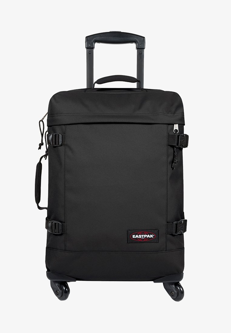Sort hjul kuffert med teleskophåndtag, lavet af slidstærkt stof, med to side remme, en lynlåslukket lomme og et mærket patch.