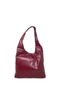 Bordowa skórzana torba hobo z pojedynczym paskiem na ramię, gładka faktura i okrągłe otwarcie, z miękkim, luźnym designem.