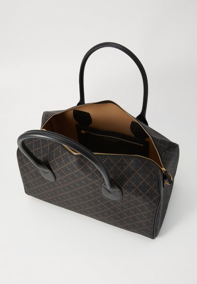 Black handbag with a geometric textured pattern, featuring a tan interior, gold zip closure, and sturdy black handles.