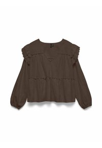 Blouse légère marron avec un col en V, des manches longues et des accents froncés aux épaules. Le design à volants plissés ajoute de la texture.