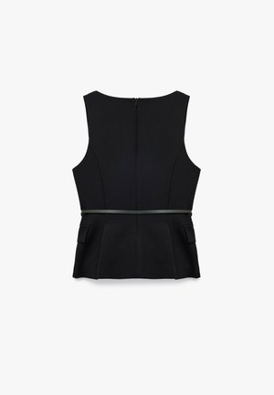 Schwarzes, ärmelloses Peplum-Top mit tailliertem Oberteil, Reißverschluss hinten und zwei seitlichen Taschen. Hergestellt aus glattem Stoff mit minimalen Details.