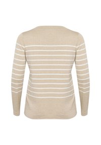 Beige long-sleeve sweater featuring white horizontal stripes, a round neckline, and a soft, textured fabric on the back.