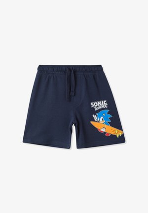 Granatowe bawełniane szorty z elastycznym pasem, z grafiką Sonica z Jeża trzymającego deskę surfingową na lewej nogawce.