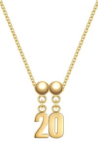 Guldkedja med två runda pärlor ovanför siffran "20", med länkad kedja och polerad yta.