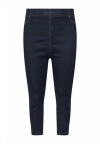 Pantalones de mezclilla de un azul oscuro con un diseño ajustado, de longitud corta y costuras amarillas en los bolsillos y costuras. Textura suave sin patrones.