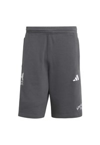 Tmavě šedé sportovní šortky s elastickým pasem, logo Liverpool FC na levé noze, logo Adidas a text "Liverpool FC" na pravé noze.