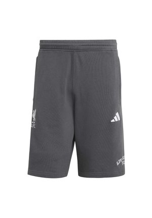 Dark gray sports shorts with elastic waistband, Liverpool FC logo on left leg, Adidas logo and "Liverpool FC" text on right leg.