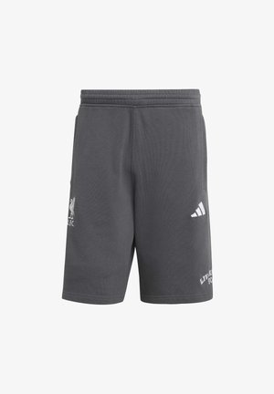 Dark gray sports shorts with elastic waistband, Liverpool FC logo on left leg, Adidas logo and "Liverpool FC" text on right leg.