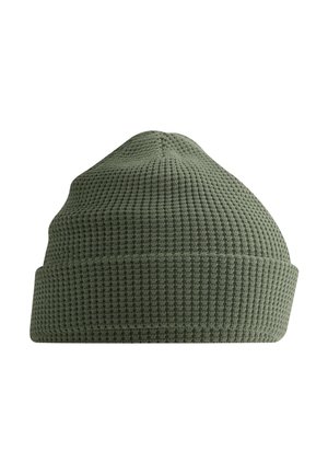 Knitted olive green beanie hat with a folded cuff and waffle texture, shown against a plain white background.