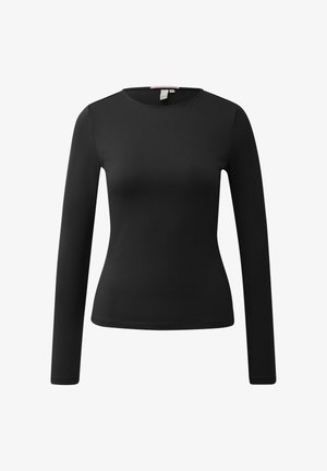 Top nero a maniche lunghe aderente con scollo tondo, tessuto liscio senza motivi o decorazioni visibili, mostrato su uno sfondo bianco semplice.