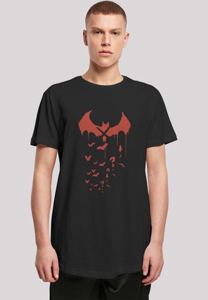 Black t-shirt with a red graphic featuring a bat silhouette and dripping detail, made of soft cotton, relaxed fit, short sleeves.