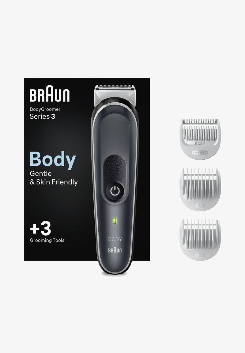 Braun BodyGroomer Series 3 with power button, indicator light, and three white grooming comb attachments labeled Body, 5, and 3 millimeters.