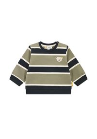 Pullover verde a righe con righe orizzontali nere e bianche, caratterizzato da un orso ricamato e un collo rotondo. Maniche lunghe, tessuto morbido.