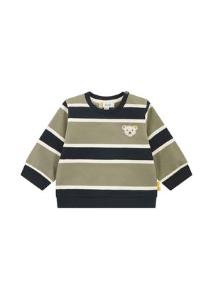Groene gestreepte pullover met zwart-witte horizontale strepen, voorzien van een geborduurd beer en een ronde halslijn. Lange mouwen, zachte stof.