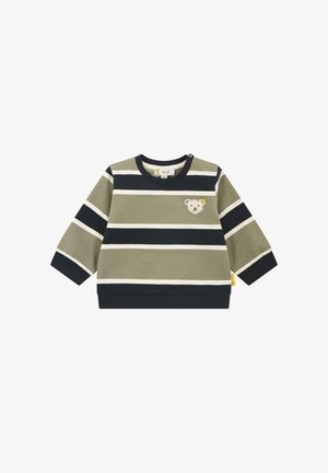 Pullover verde a righe con righe orizzontali nere e bianche, caratterizzato da un orso ricamato e un collo rotondo. Maniche lunghe, tessuto morbido.