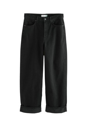 Černé džíny z denimu, střední pas, rovné nohavice, ohrnuté manžety, pět kapes, zapínání na knofl�ík a zip, měkká textura.