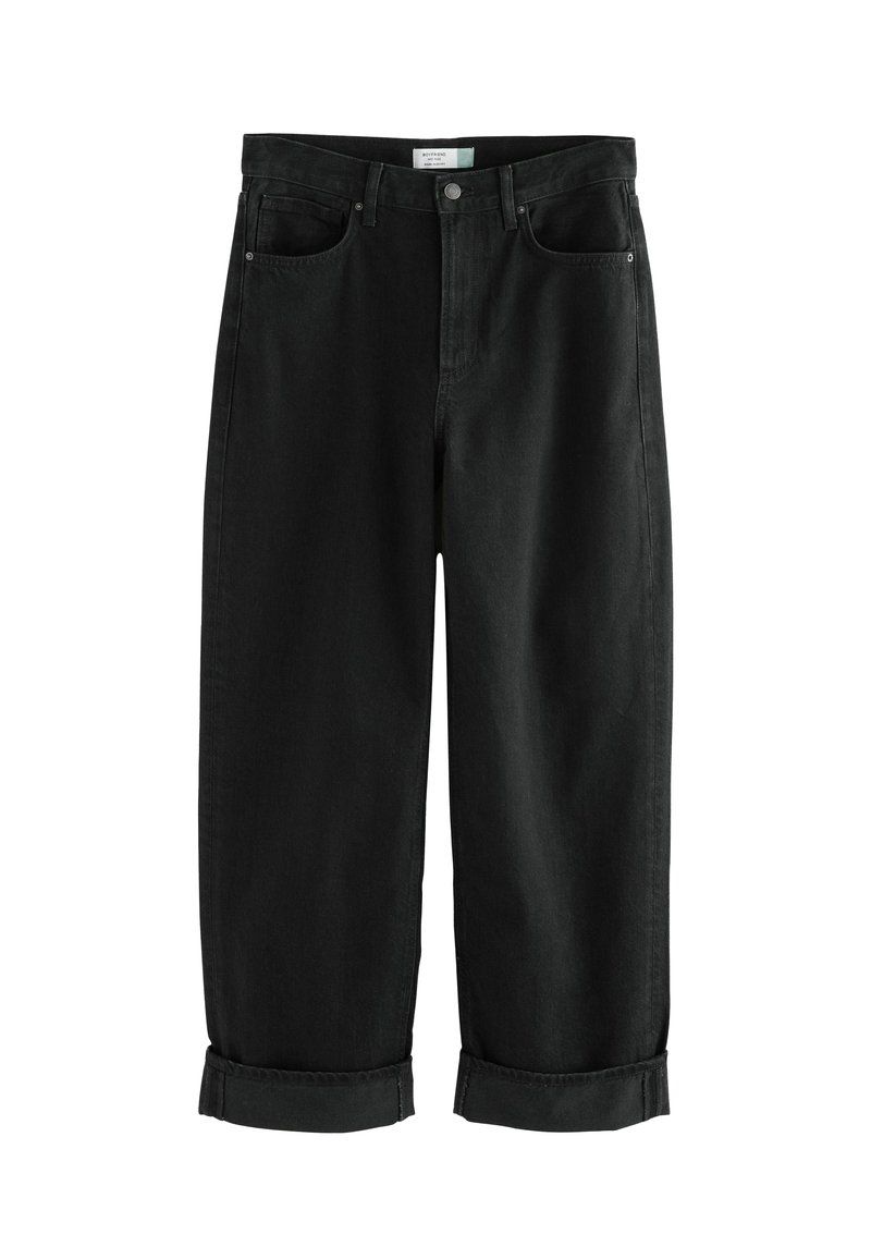 Črne denim hlače, srednje visok pas, ravne nogavice, zloženi robovi, pet žepov, zadrga in gumb, mehak material.