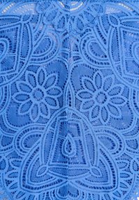 Lace textile in light blue, featuring intricate floral and curve patterns with open weave sections and smooth texture.