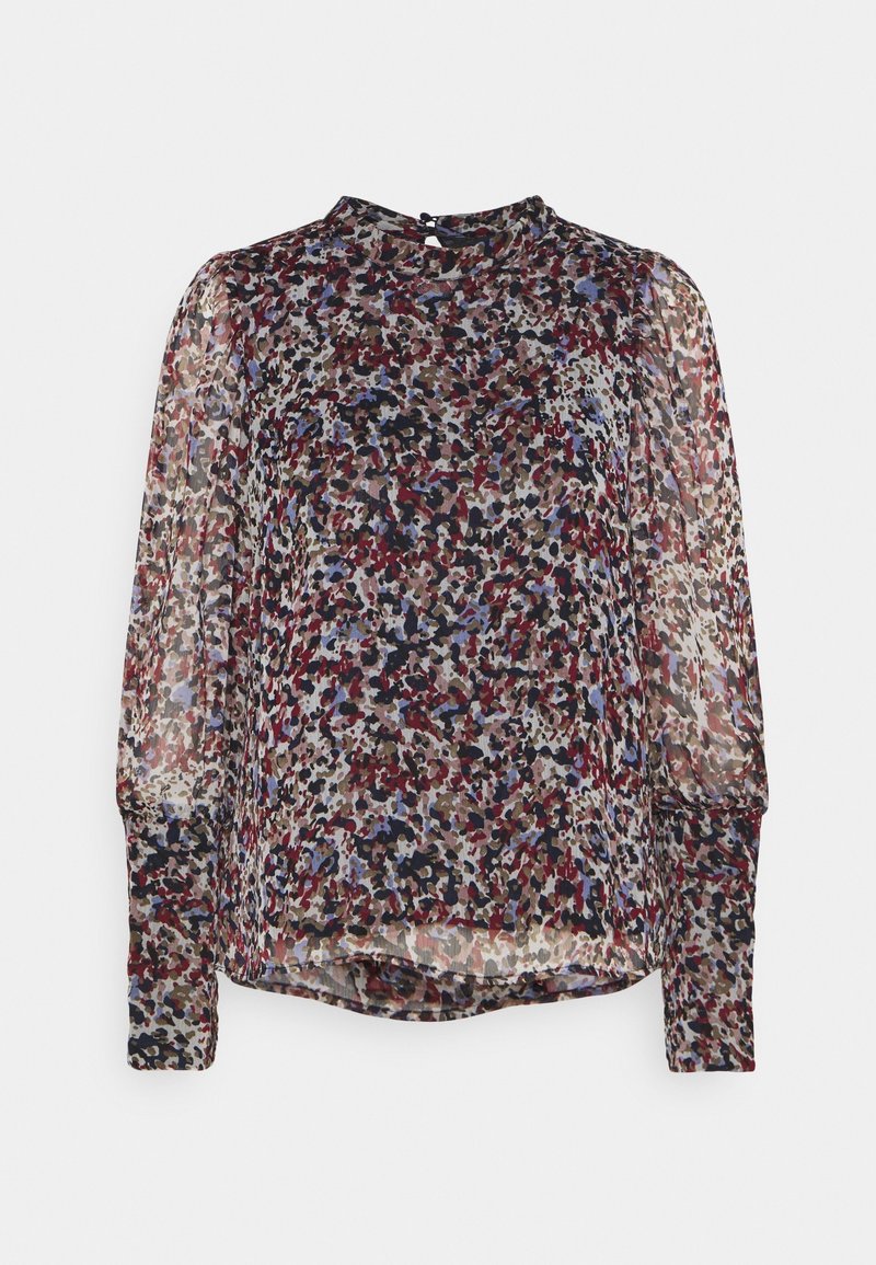 Blouse transparente à manches longues, col montant, avec un motif floral abstrait multicolore comprenant des tons rouges, bleus, marron et blancs.