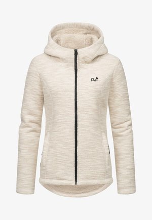 Vaalean beige huppari, jossa on teksturoitu kangas, musta vetoketju ja sivutaskut; siinä on mukava, pehmeällä vuorella varustettu huppu ja tunnuslogo.