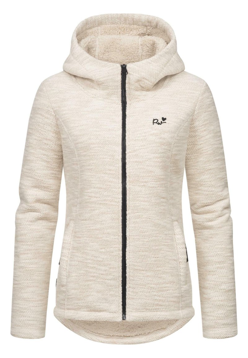 Ljus beige hoodiejacka med en strukturerad tyg, svart dragkedja och sidofickor; har en mysig, mjukt fodrad huva och signaturlogotyp.