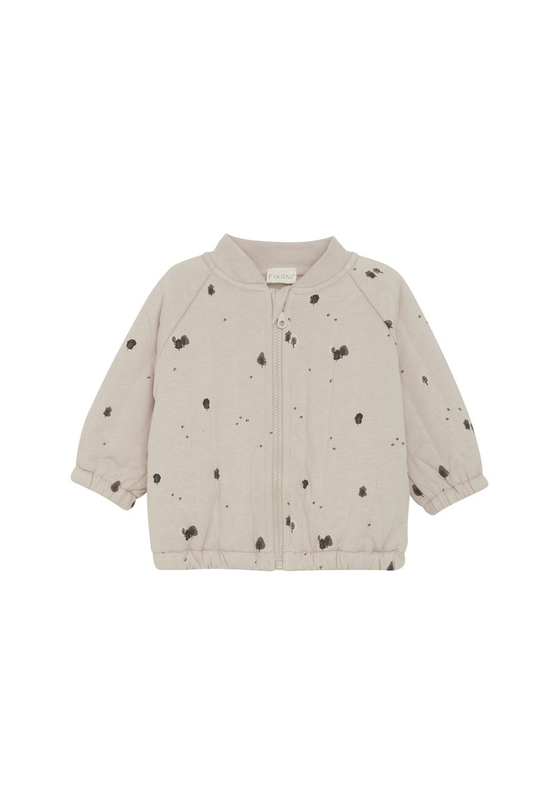 Veste zippée beige clair avec un motif tacheté noir, col côtelé, et poignets et ourlet élastiqués, fabriquée en tissu doux.