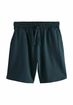 Pantalones cortos deportivos de color verde oscuro, confeccionados en una tela suave, con una cinturilla elástica y cordones, y bolsillos laterales, con líneas limpias y simples.